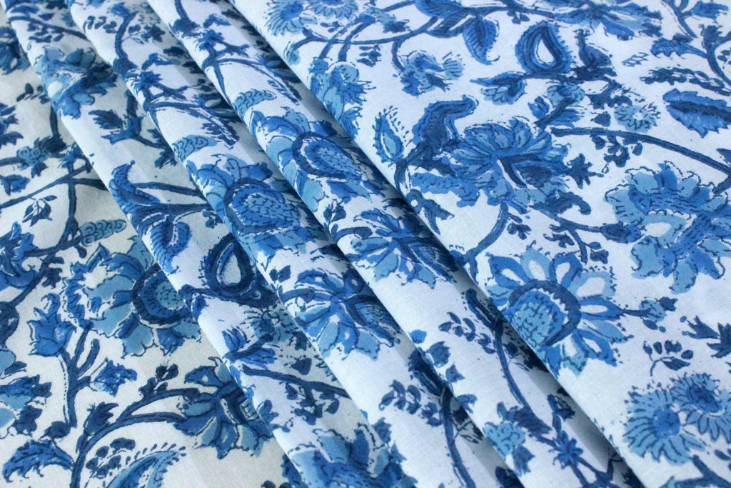 Blue Floral Cotton Fabric: Hand Block Print Indian Fabric by the Yard