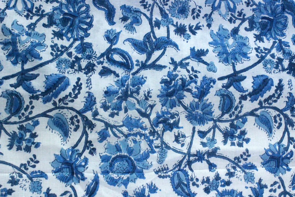 Blue Floral Cotton Fabric: Hand Block Print Indian Fabric by the Yard