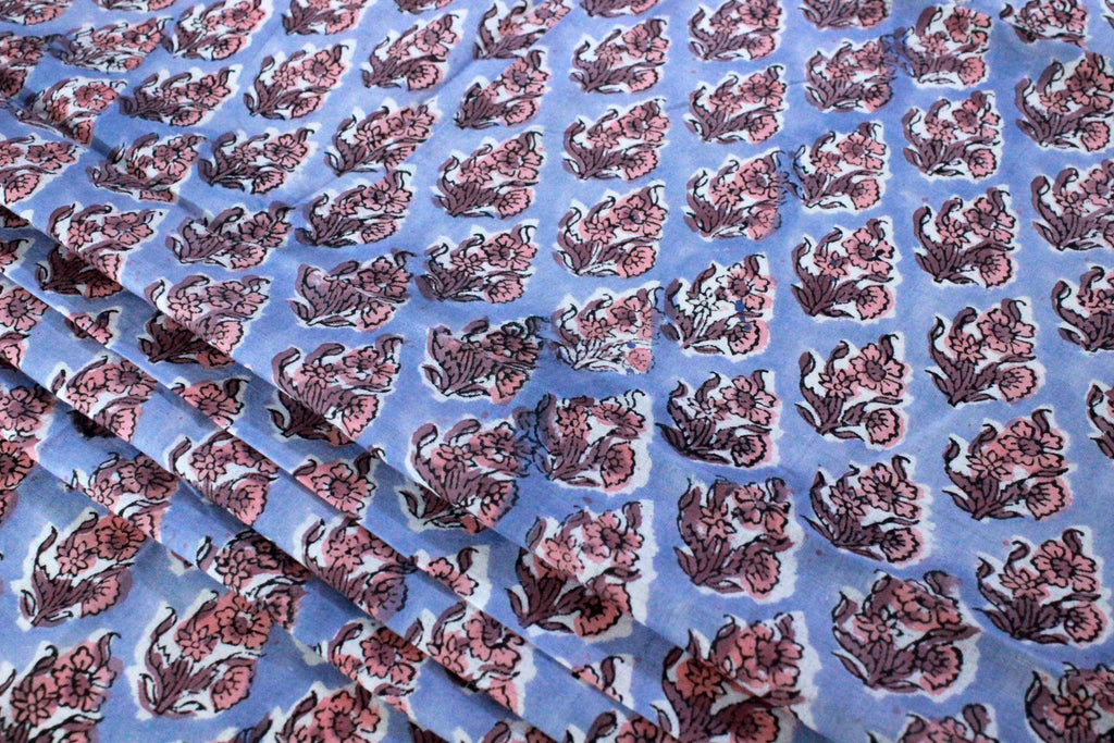 Blue & Peach Floral Block Print Linen Fabric - Indian Mughal Style