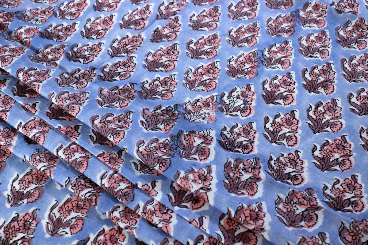 Blue & Peach Floral Block Print Linen Fabric - Indian Mughal Style