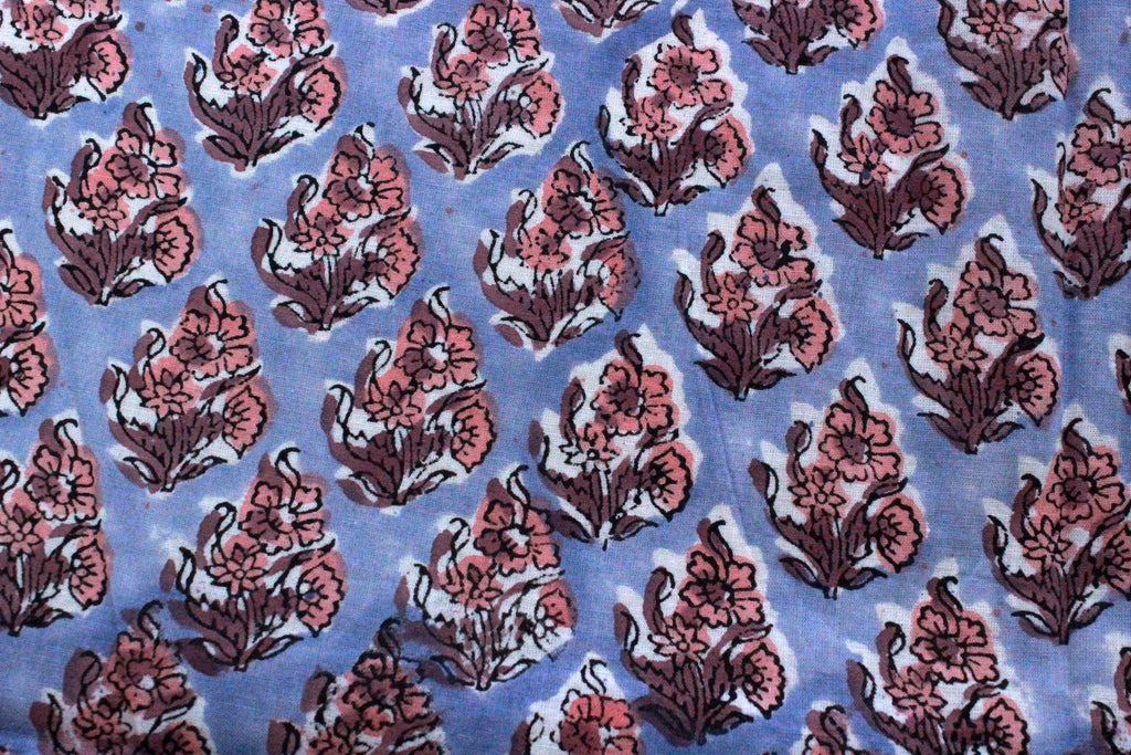 Blue & Peach Floral Block Print Linen Fabric - Indian Mughal Style