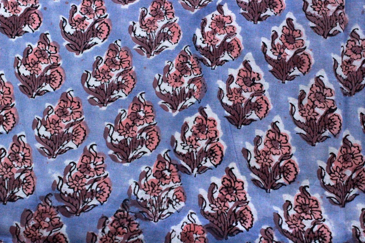 Blue & Peach Floral Block Print Linen Fabric - Indian Mughal Style