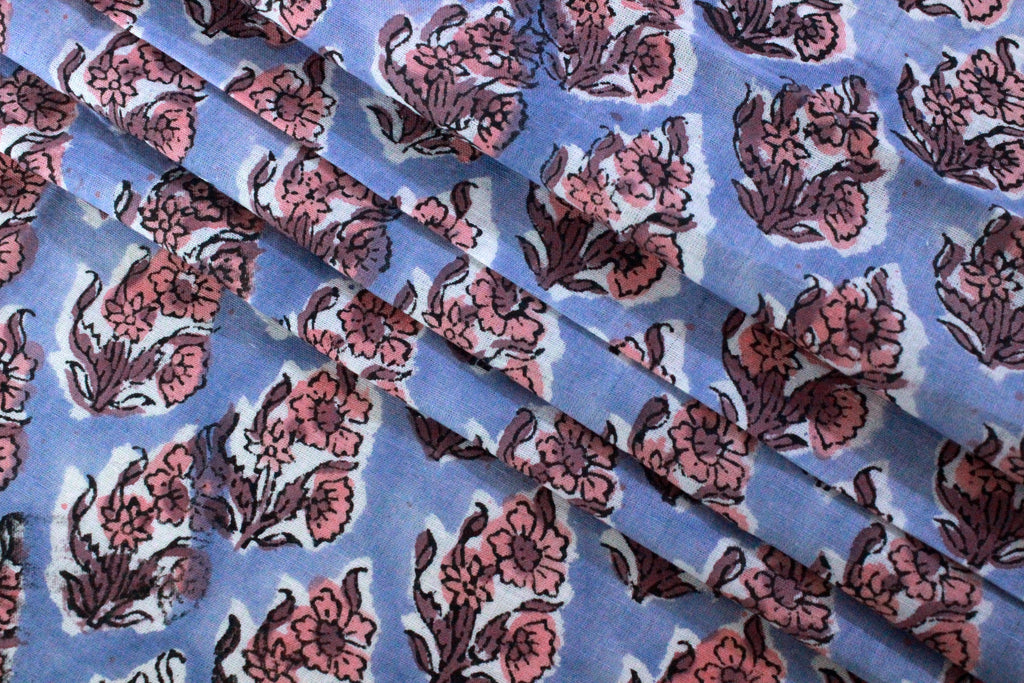 Blue & Peach Floral Block Print Linen Fabric - Indian Mughal Style