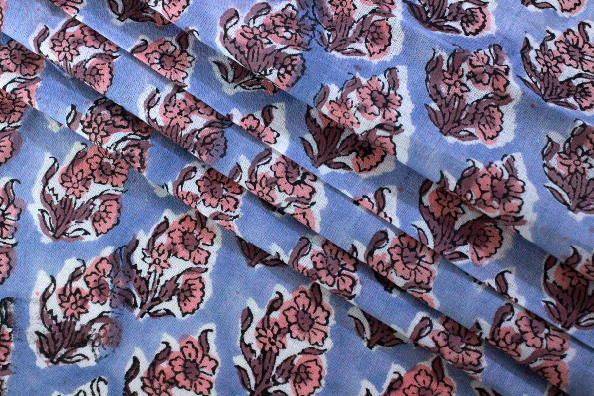 Blue & Peach Floral Block Print Linen Fabric - Indian Mughal Style