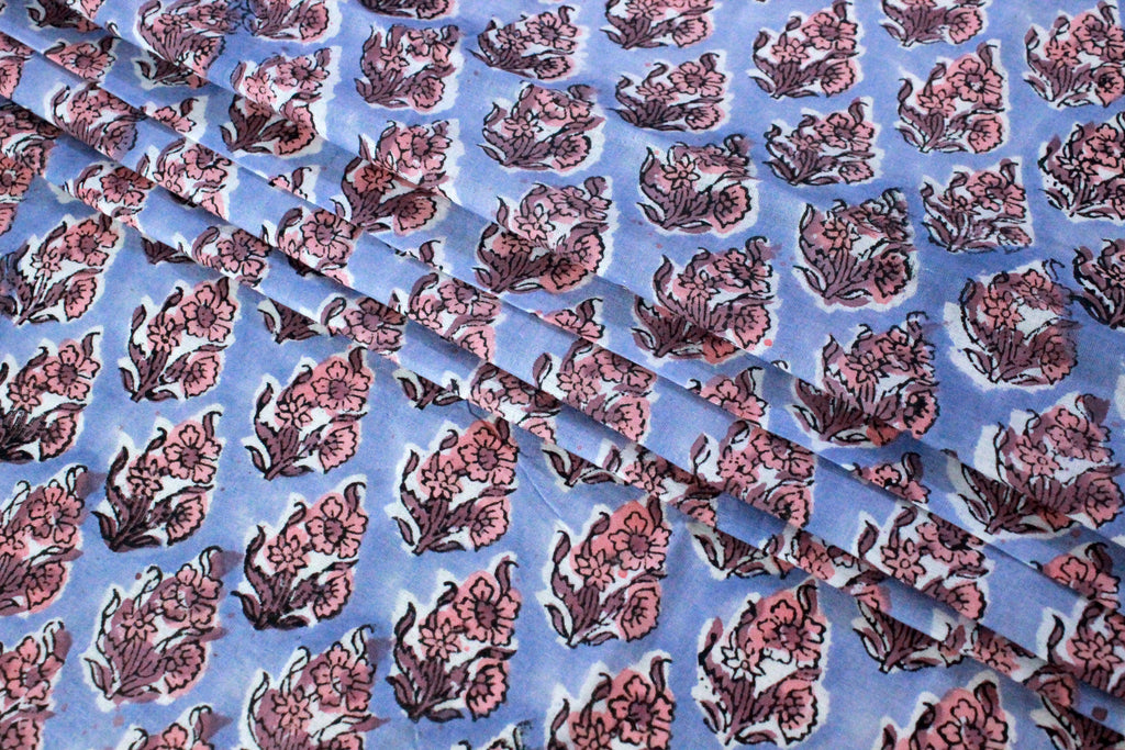 Blue & Peach Floral Block Print Linen Fabric - Indian Mughal Style