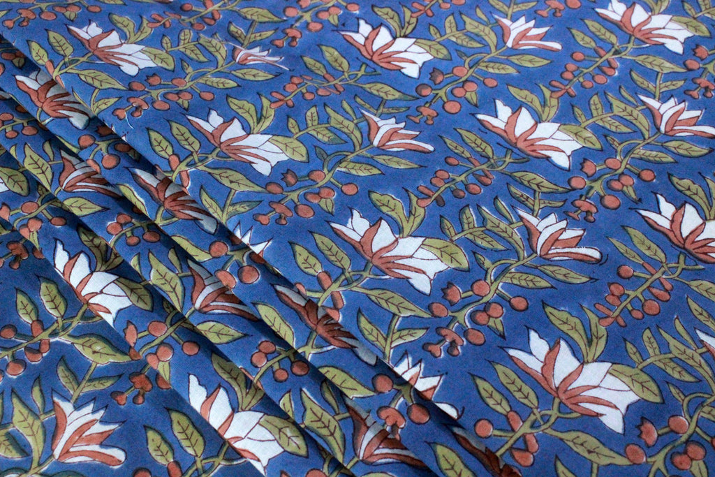 Blue and White Pure Cotton Block Print Fabric by the Yard, fabric by the meter, Indian Wood Block, Handstamped