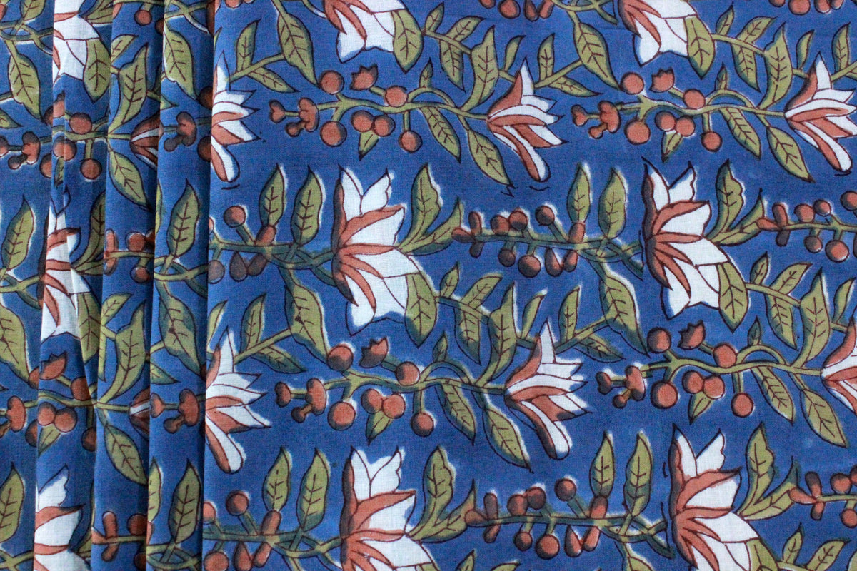Blue and White Pure Cotton Block Print Fabric by the Yard, fabric by the meter, Indian Wood Block, Handstamped