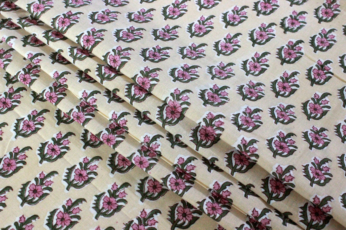 Floral Cotton Fabric: Yellow & Pink Hand Block Print, Indian Fabric