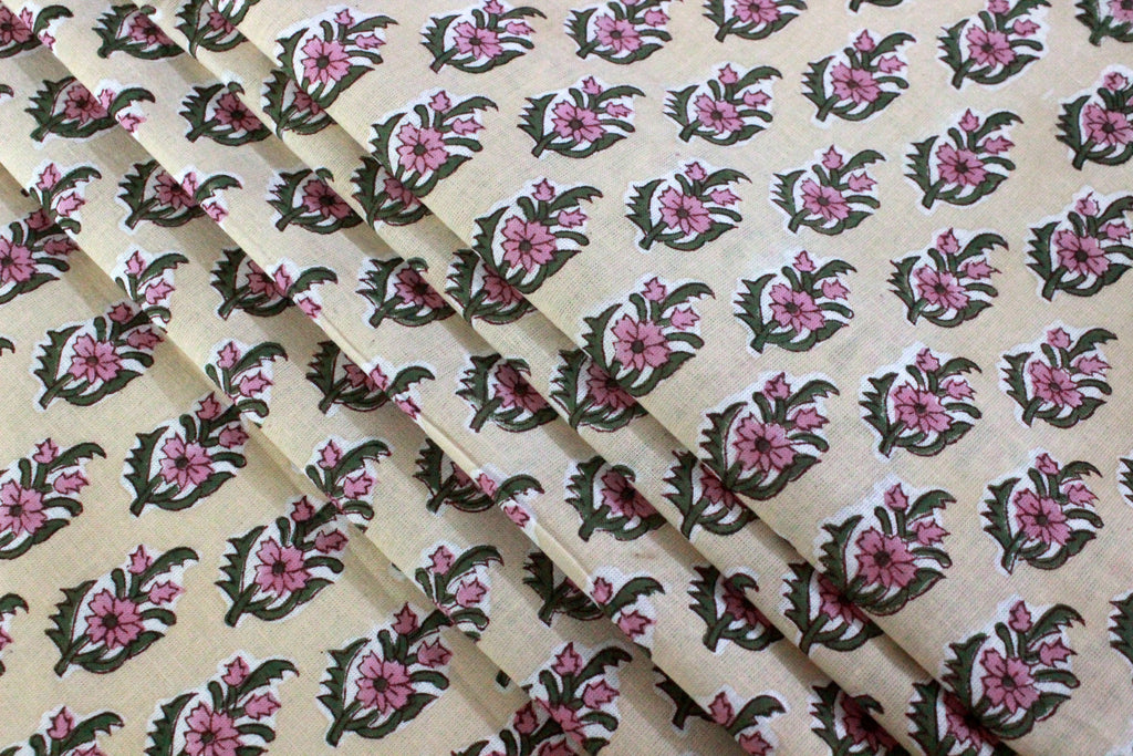 Floral Cotton Fabric: Yellow & Pink Hand Block Print, Indian Fabric