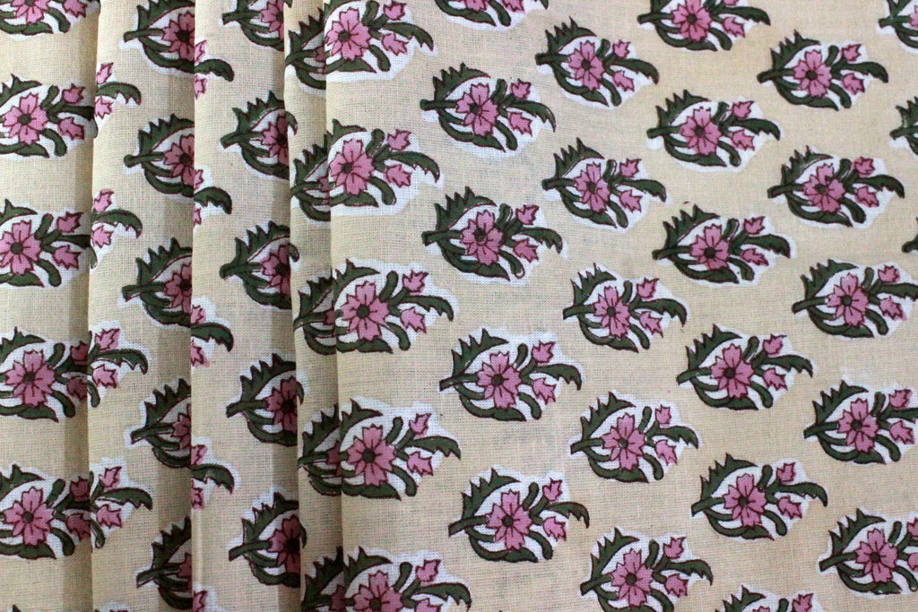 Floral Cotton Fabric: Yellow & Pink Hand Block Print, Indian Fabric