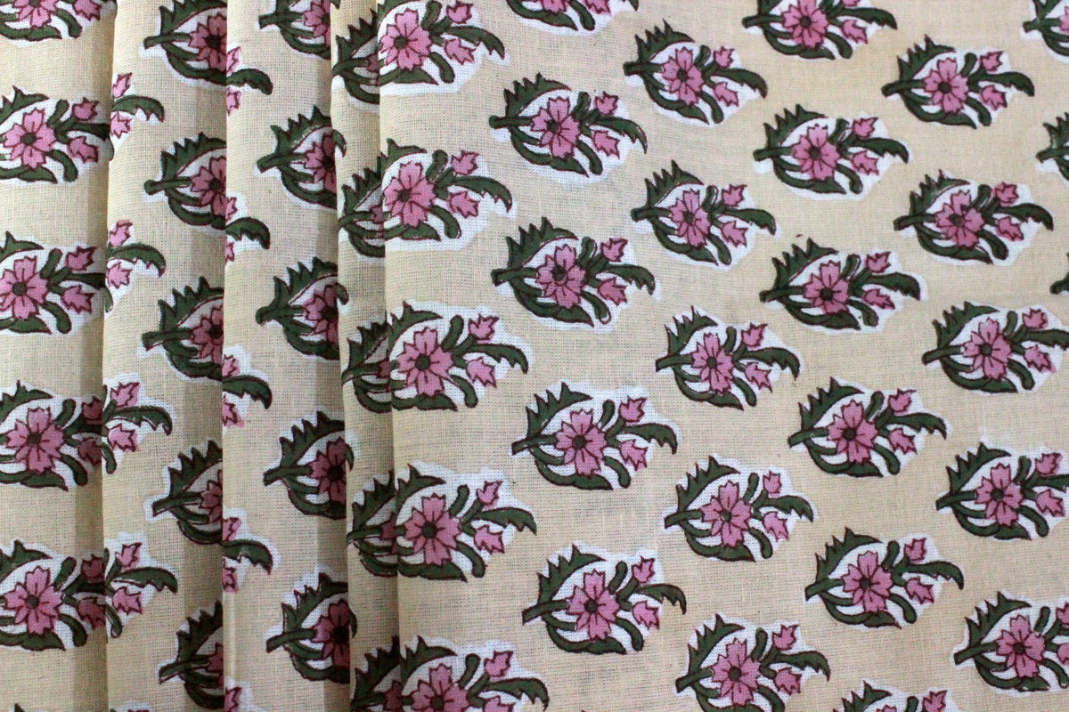 Floral Cotton Fabric: Yellow & Pink Hand Block Print, Indian Fabric