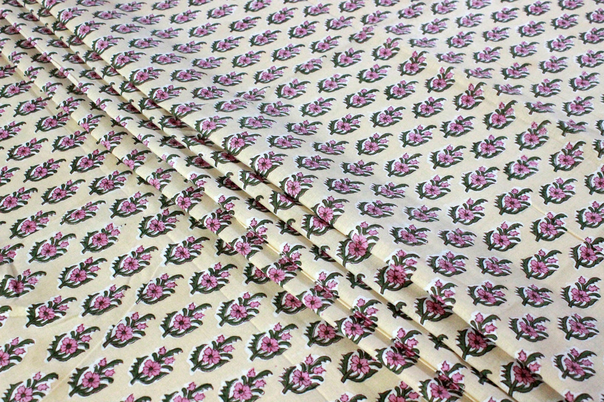 Floral Cotton Fabric: Yellow & Pink Hand Block Print, Indian Fabric
