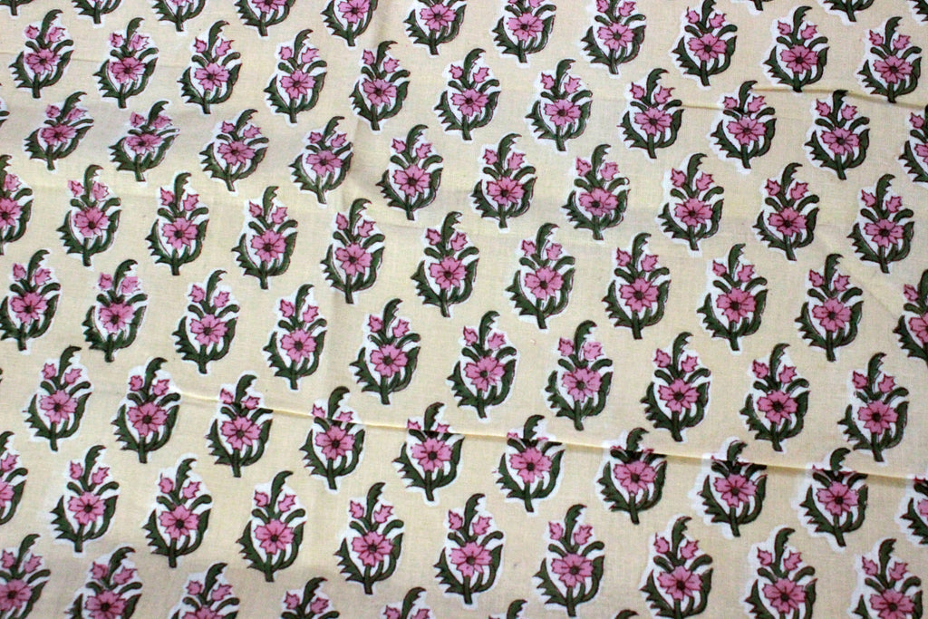 Floral Cotton Fabric: Yellow & Pink Hand Block Print, Indian Fabric