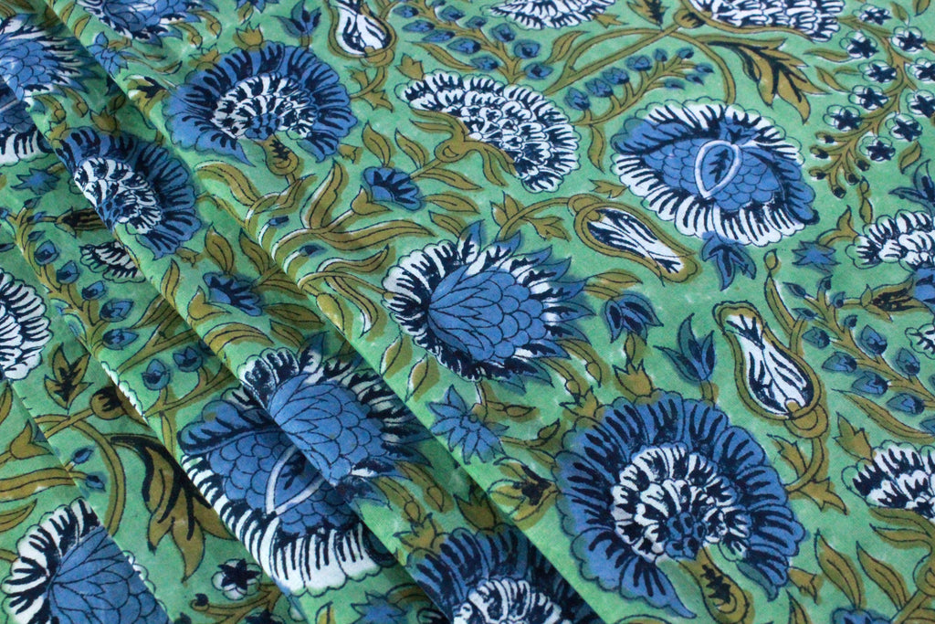 Floral Cotton Fabric: Blue & Green Hand Block Print, Indian Mughal Style