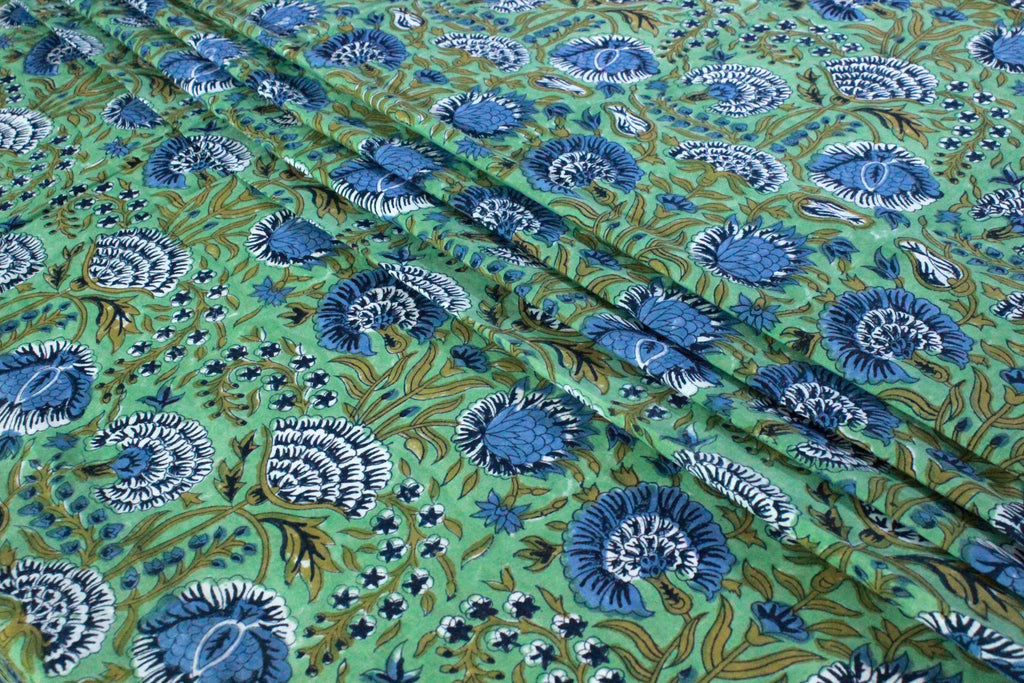 Floral Cotton Fabric: Blue & Green Hand Block Print, Indian Mughal Style