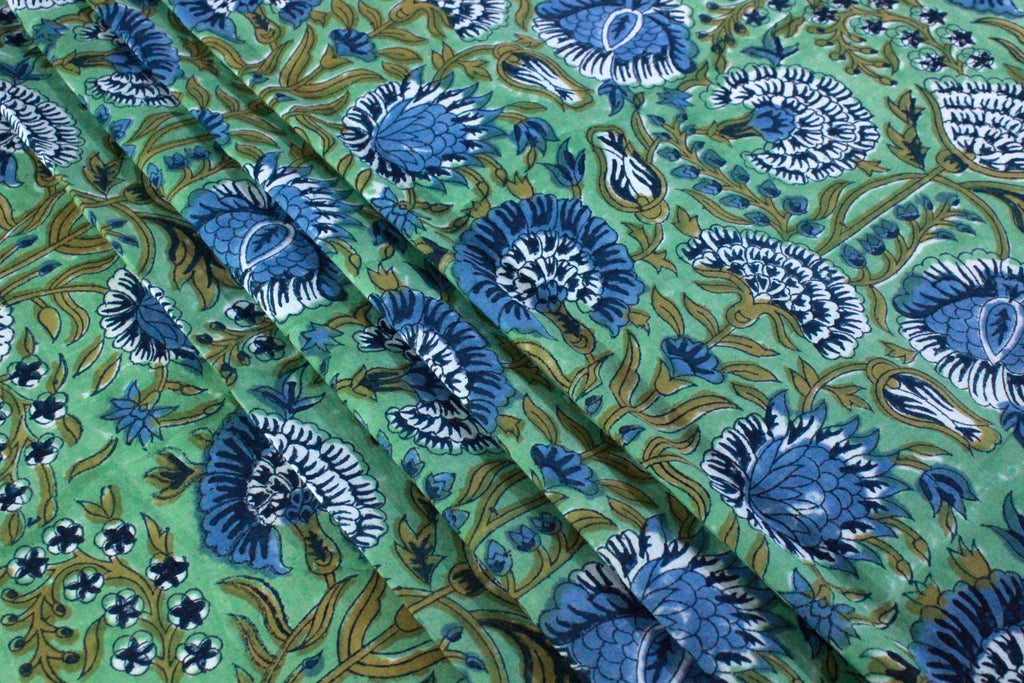 Floral Cotton Fabric: Blue & Green Hand Block Print, Indian Mughal Style