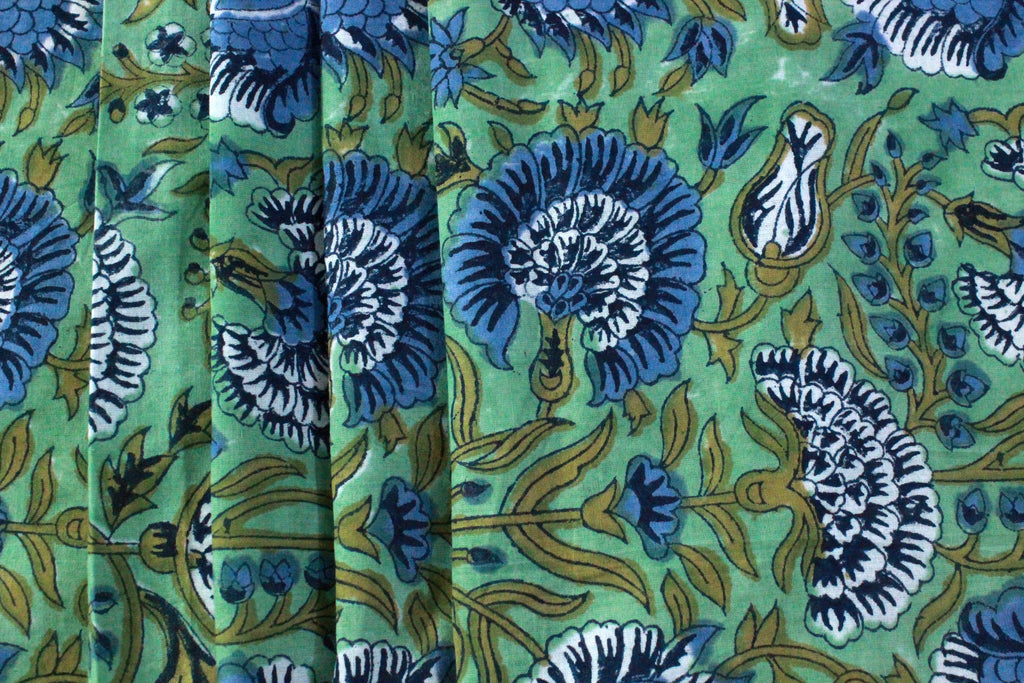 Floral Cotton Fabric: Blue & Green Hand Block Print, Indian Mughal Style