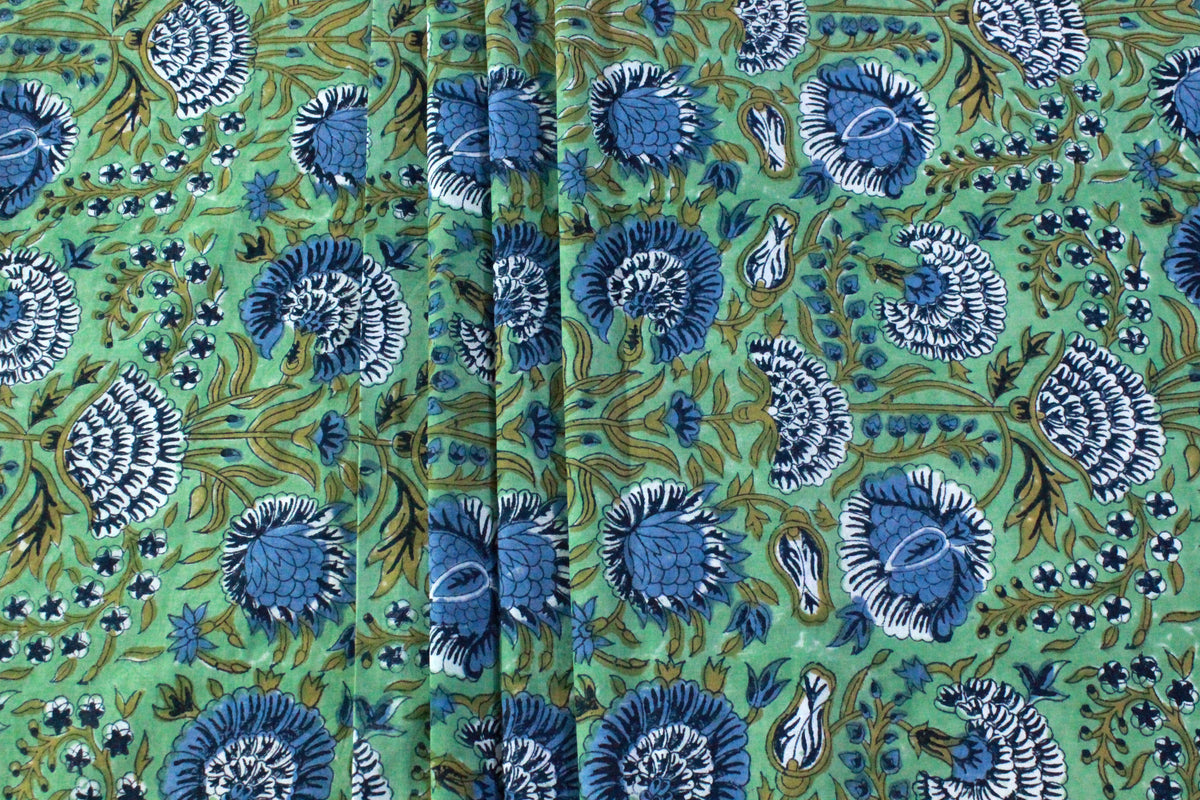 Floral Cotton Fabric: Blue & Green Hand Block Print, Indian Mughal Style