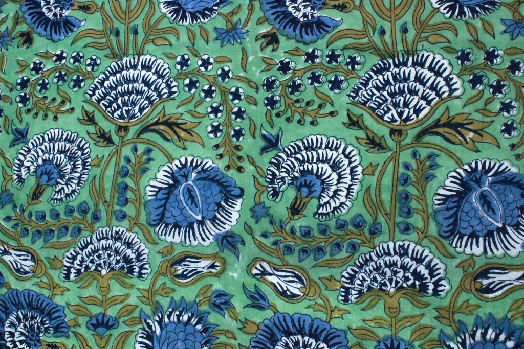 Floral Cotton Fabric: Blue & Green Hand Block Print, Indian Mughal Style