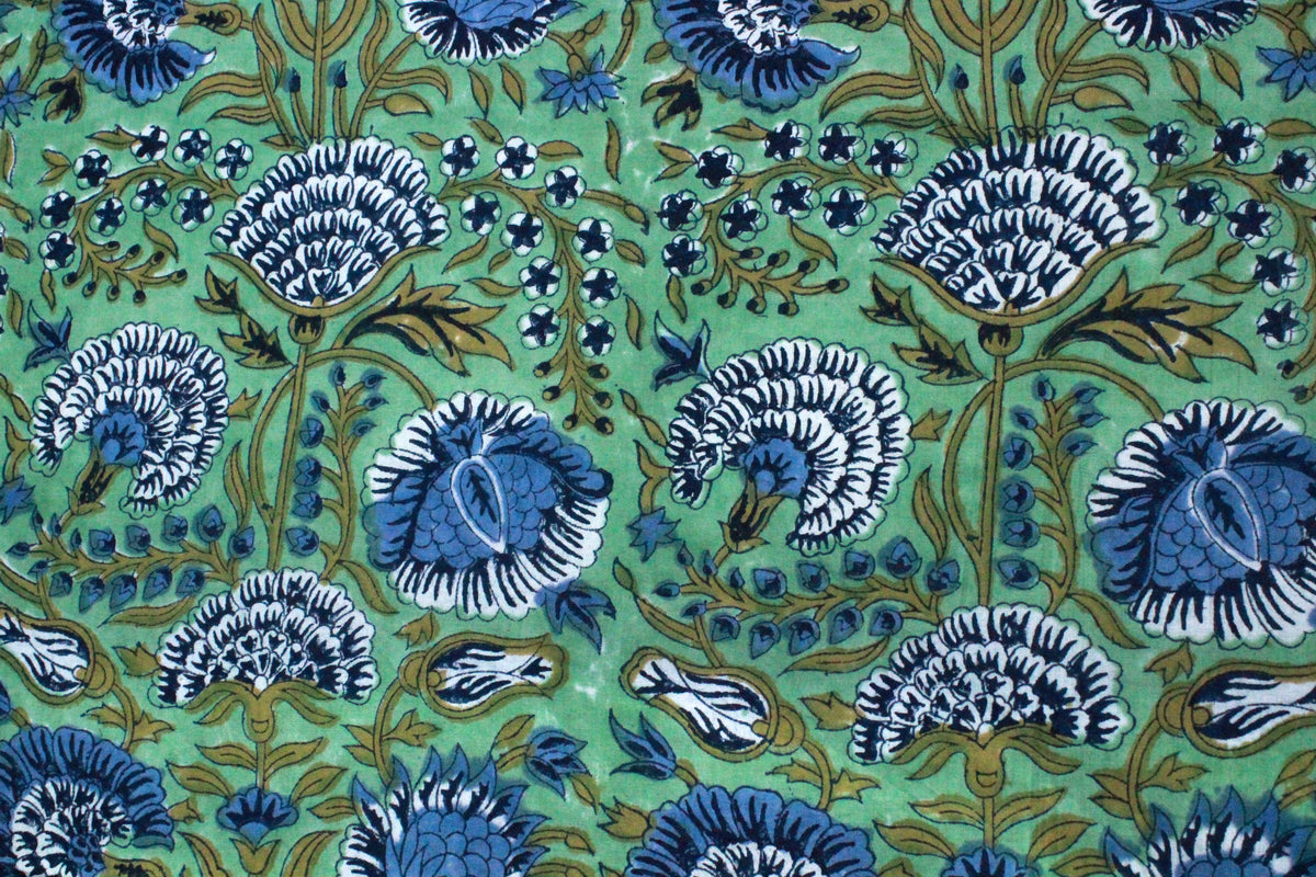 Floral Cotton Fabric: Blue & Green Hand Block Print, Indian Mughal Style