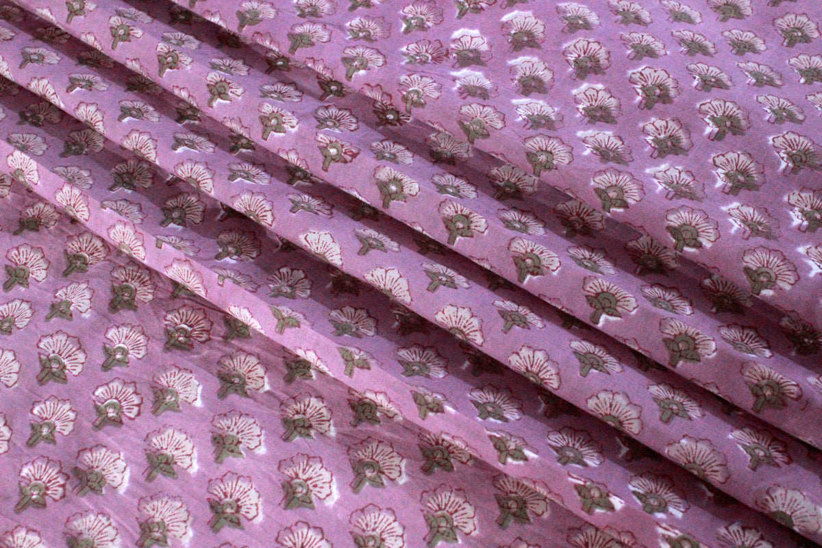 Hand Block Print Cotton Fabric: Pink Floral Mughal Design