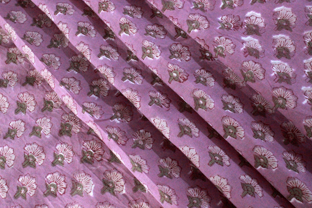Hand Block Print Cotton Fabric: Pink Floral Mughal Design