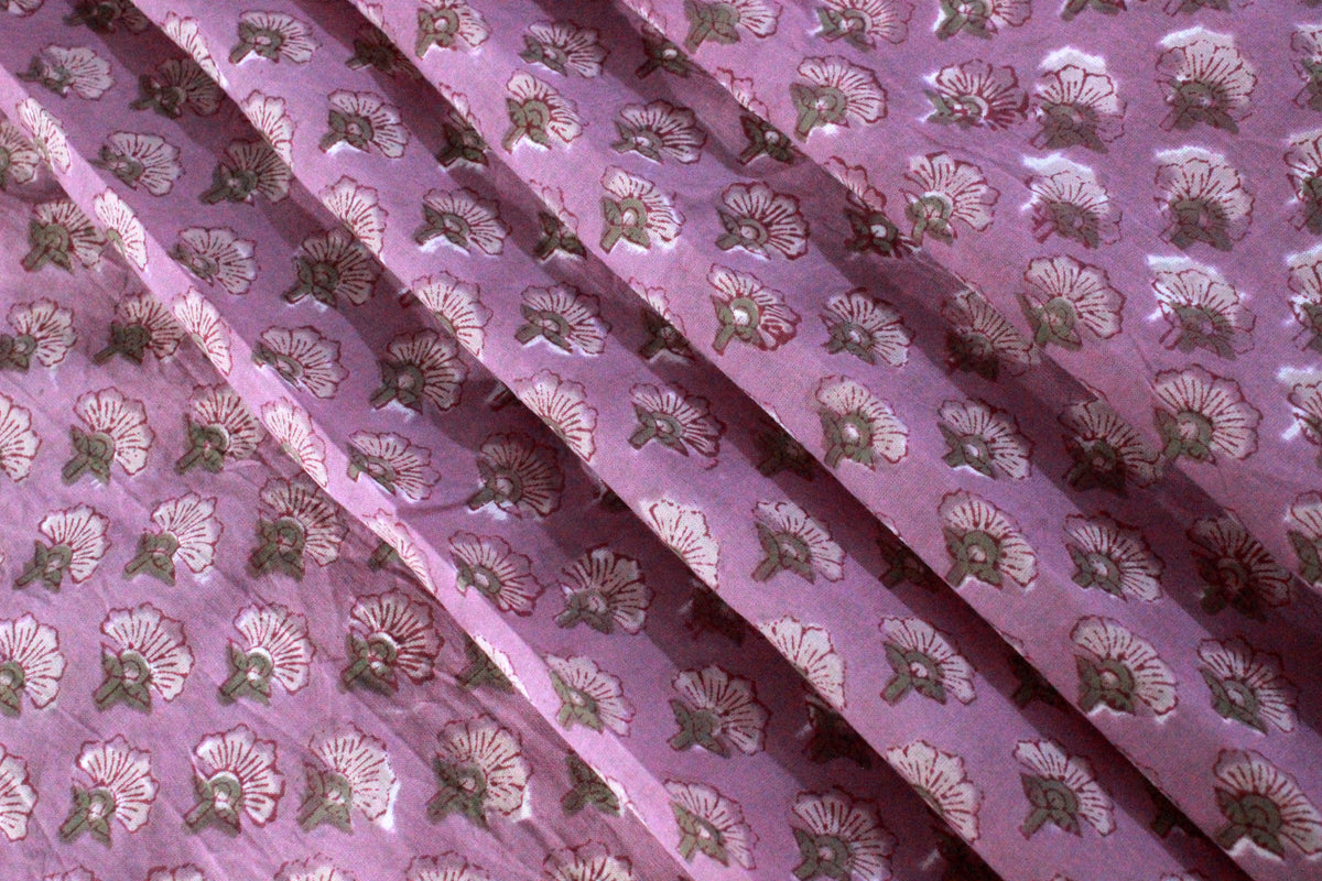 Hand Block Print Cotton Fabric: Pink Floral Mughal Design
