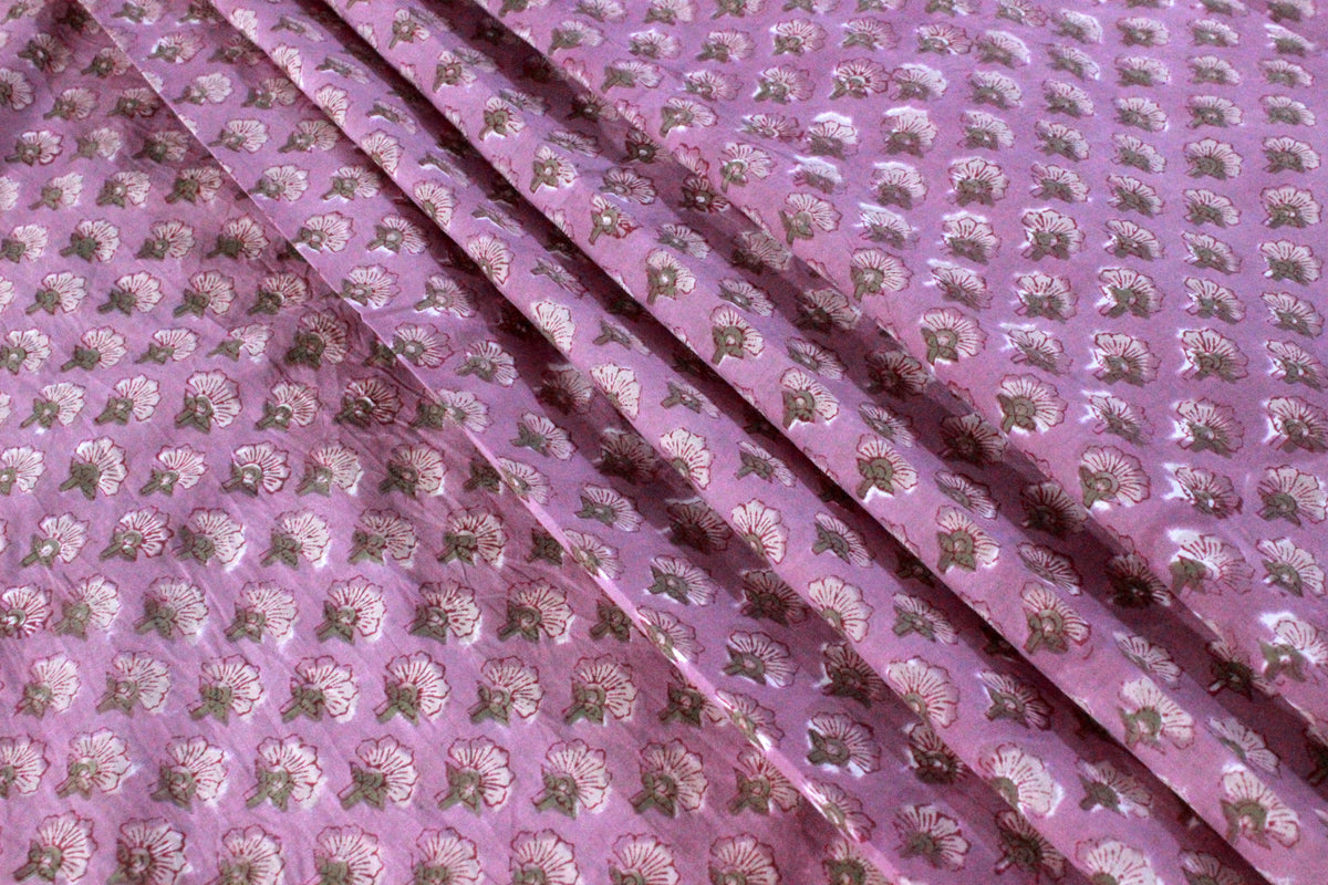 Hand Block Print Cotton Fabric: Pink Floral Mughal Design