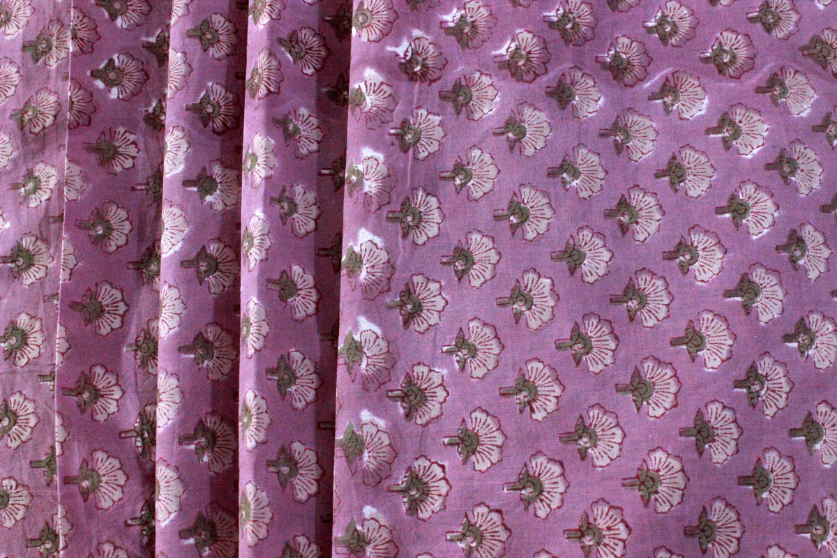 Hand Block Print Cotton Fabric: Pink Floral Mughal Design