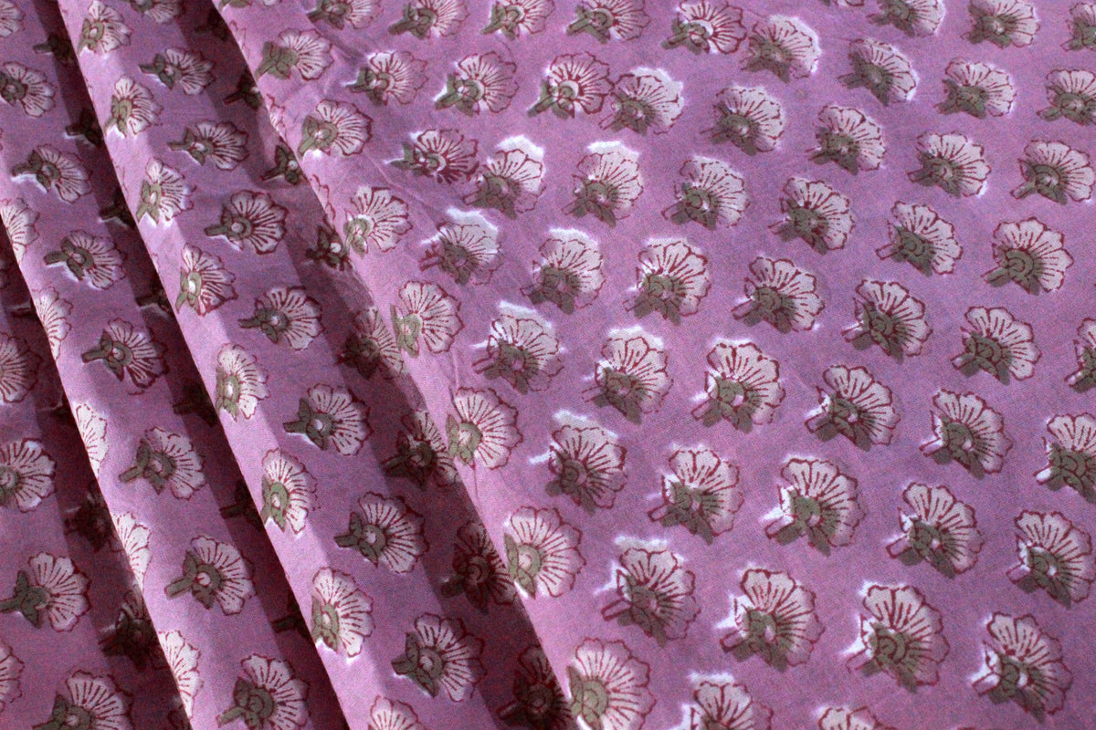 Hand Block Print Cotton Fabric: Pink Floral Mughal Design