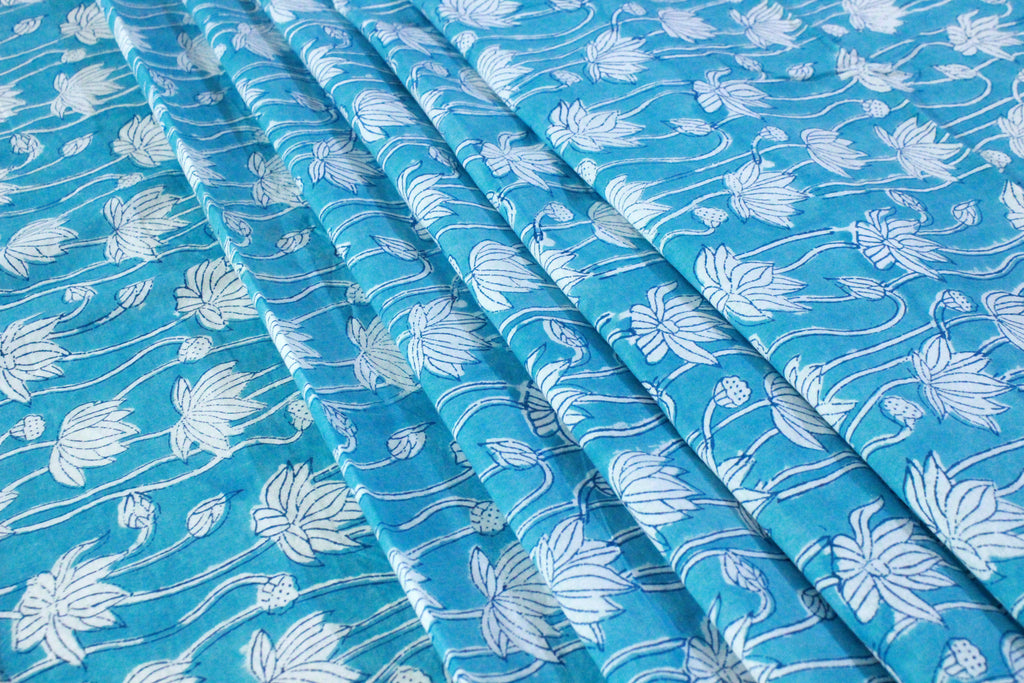Blue Floral Cotton Fabric: Hand Block Print Indian Fabric by the Yard