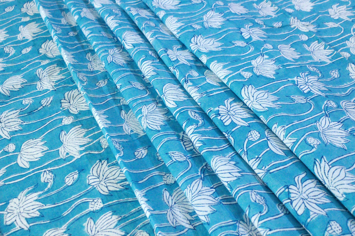 Blue Floral Cotton Fabric: Hand Block Print Indian Fabric by the Yard