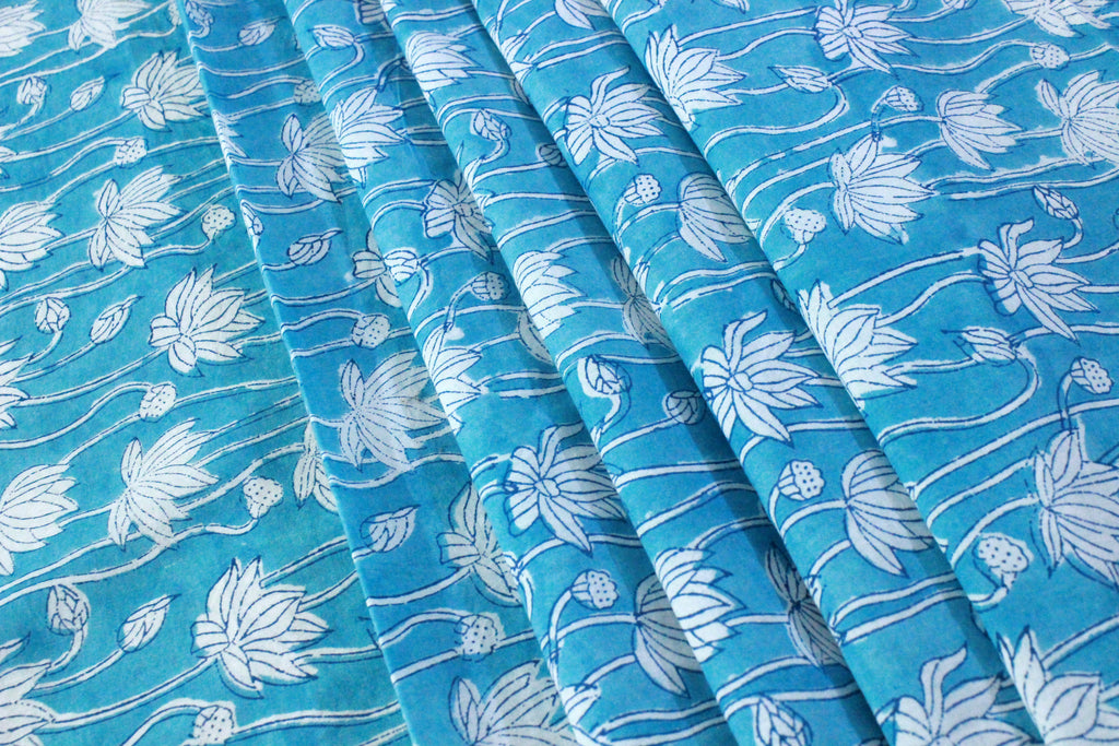 Blue Floral Cotton Fabric: Hand Block Print Indian Fabric by the Yard