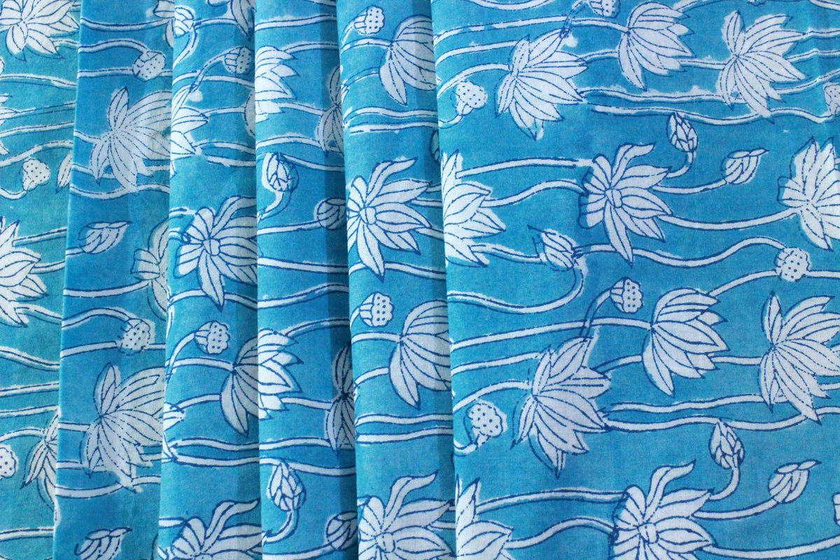 Blue Floral Cotton Fabric: Hand Block Print Indian Fabric by the Yard