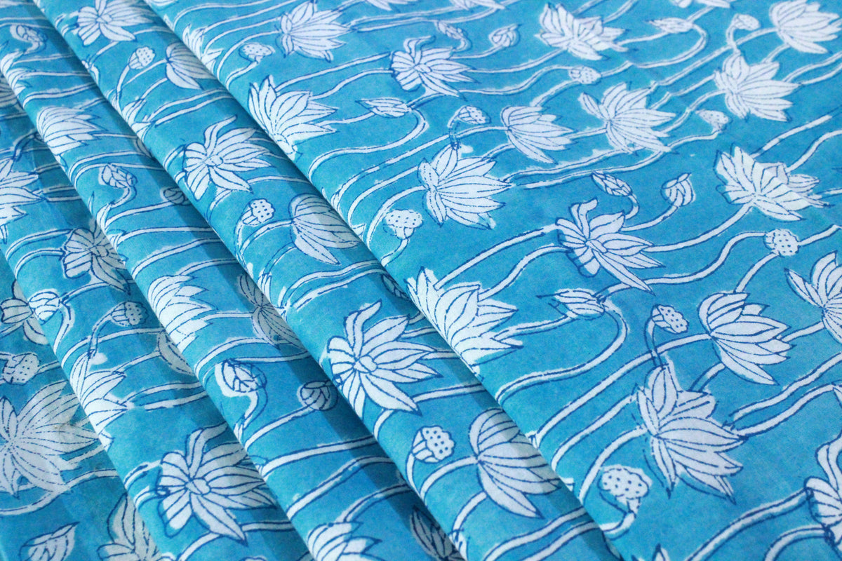 Blue Floral Cotton Fabric: Hand Block Print Indian Fabric by the Yard