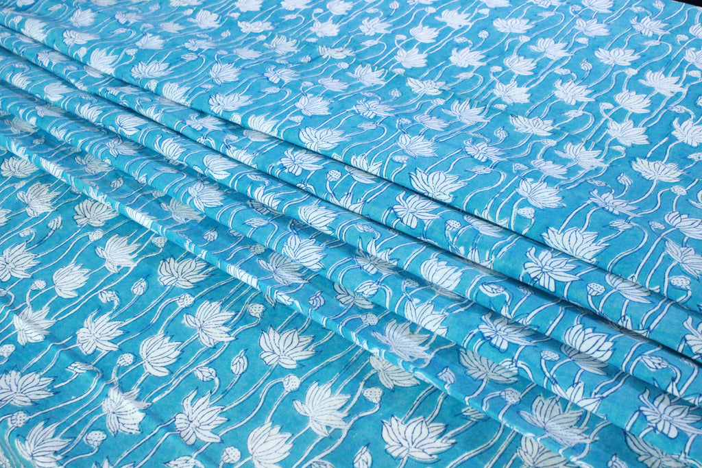 Blue Floral Cotton Fabric: Hand Block Print Indian Fabric by the Yard