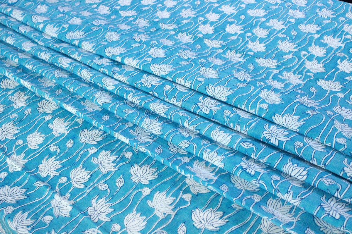 Blue Floral Cotton Fabric: Hand Block Print Indian Fabric by the Yard