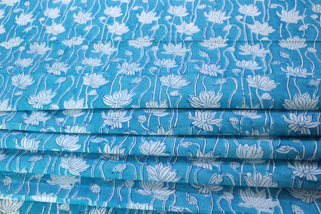 Blue Floral Cotton Fabric: Hand Block Print Indian Fabric by the Yard