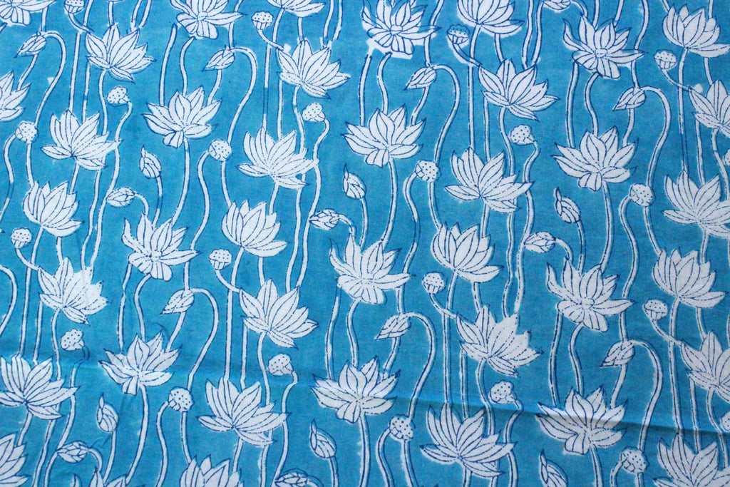 Blue Floral Cotton Fabric: Hand Block Print Indian Fabric by the Yard