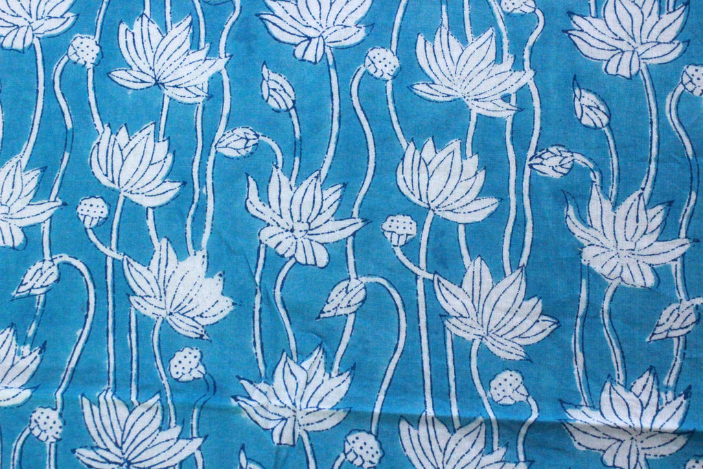 Blue Floral Cotton Fabric: Hand Block Print Indian Fabric by the Yard