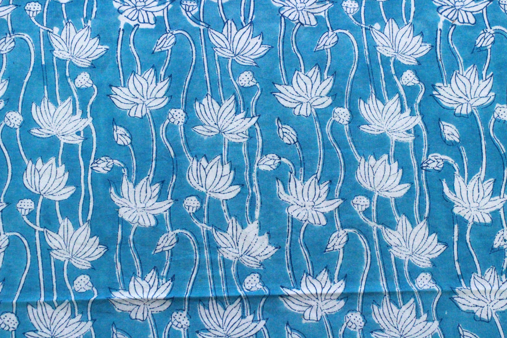 Blue Floral Cotton Fabric: Hand Block Print Indian Fabric by the Yard
