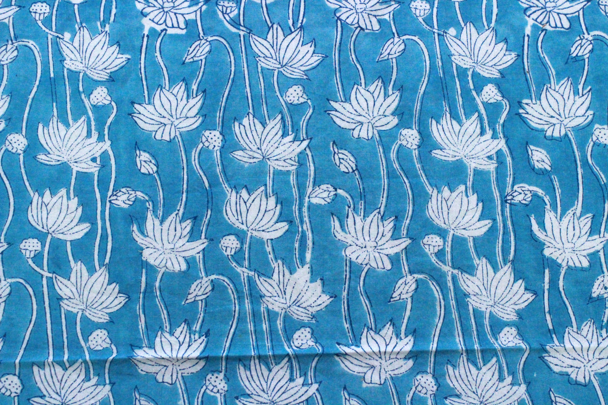 Blue Floral Cotton Fabric: Hand Block Print Indian Fabric by the Yard