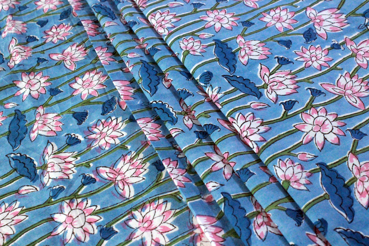 Blue Floral Cotton Fabric: Hand Block Print Indian Fabric by the Yard