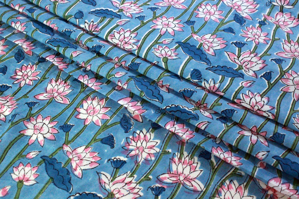 Blue Floral Cotton Fabric: Hand Block Print Indian Fabric by the Yard