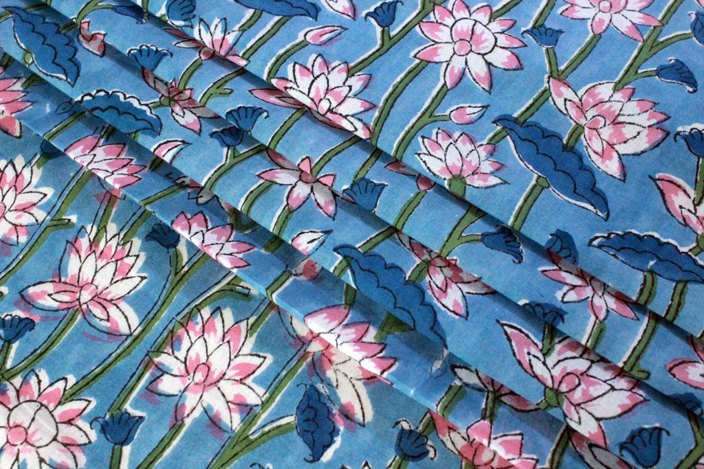 Blue Floral Cotton Fabric: Hand Block Print Indian Fabric by the Yard