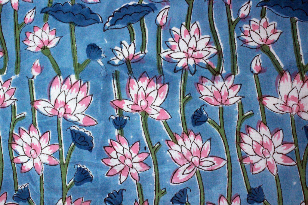 Blue Floral Cotton Fabric: Hand Block Print Indian Fabric by the Yard