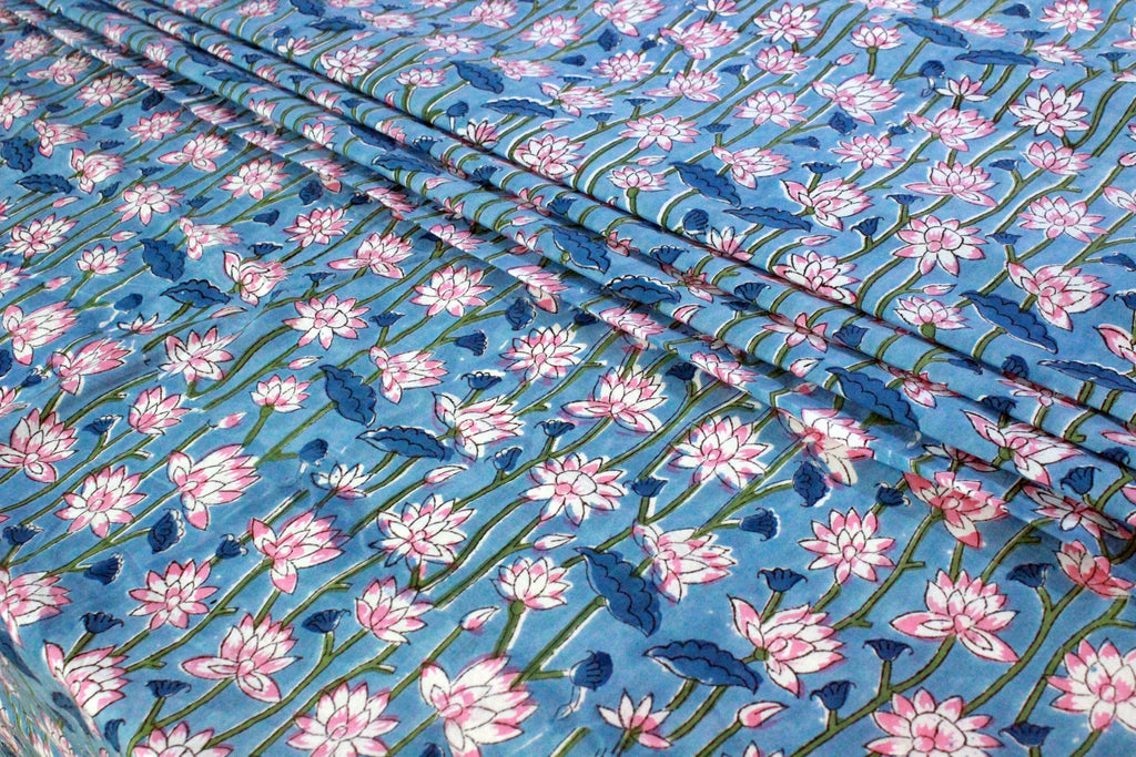Blue Floral Cotton Fabric: Hand Block Print Indian Fabric by the Yard