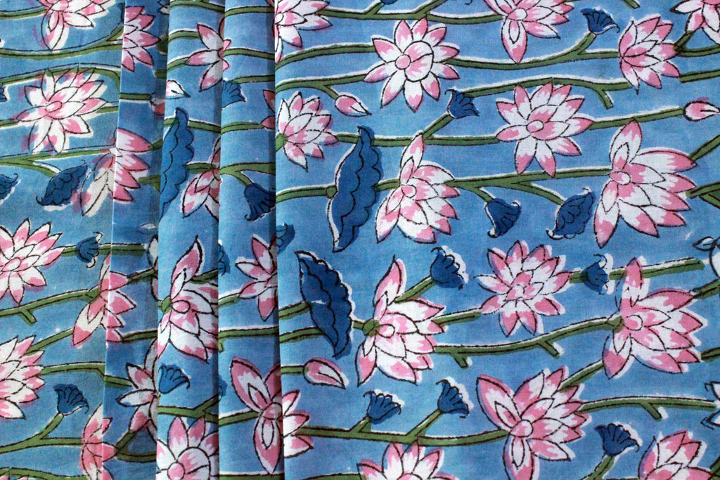Blue Floral Cotton Fabric: Hand Block Print Indian Fabric by the Yard