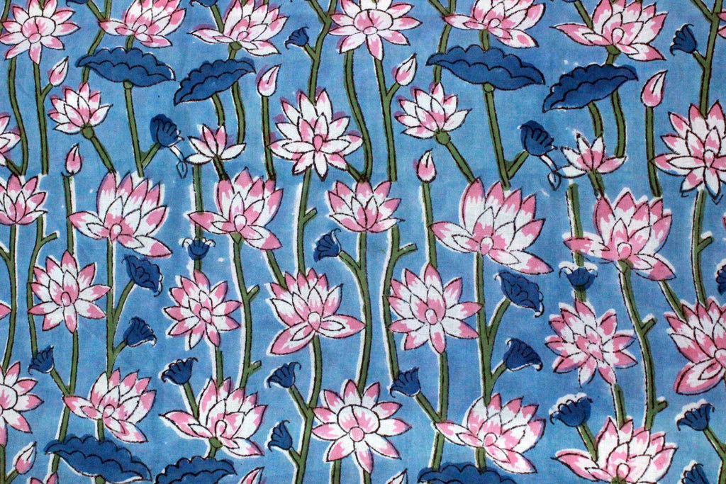 Blue Floral Cotton Fabric: Hand Block Print Indian Fabric by the Yard