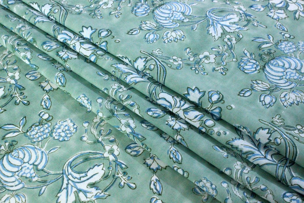 Hand Block Print Cotton Fabric: Green Floral Mughal Design